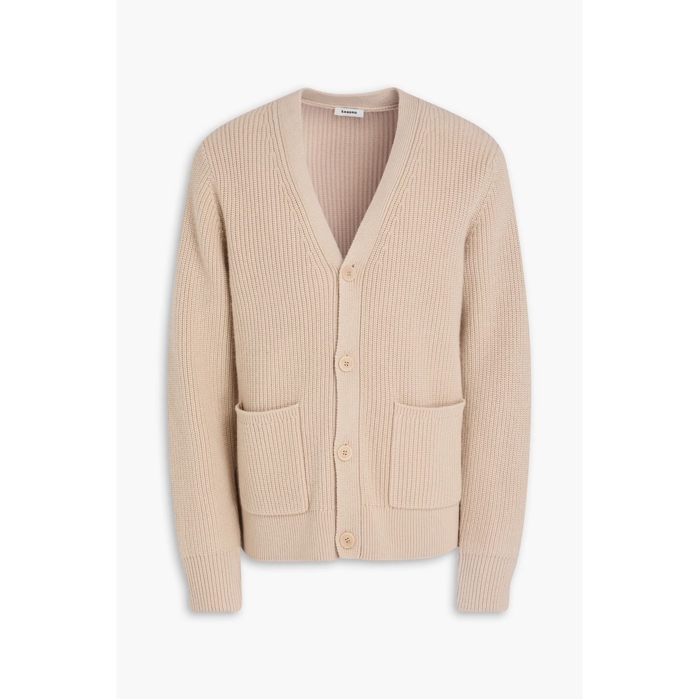Sandro Cardigan Women S Beige Wool Blend Ribbed V-Neck Button Front Minimalist